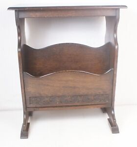 Antique British Oak Chairside Magazine Newspaper Rack Occasional End Side Table