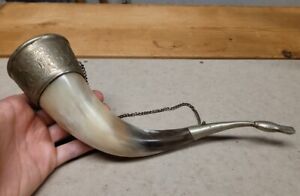 Early Antique Russian Or Georgian Drinking Horn Russian Silver Niello Historic