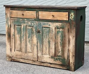 Antique Green Primitive 48 X 18 Wood Kitchen Jelly Pie Cabinet Base W Vents