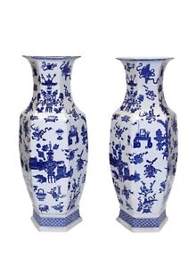 Pair Of Chinese Art Large Porcelain Blue And White Six Sided Vases