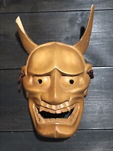 Wooden Japanese Wooden Mask Kagura Mask Oni Display Damaged Horns
