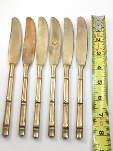 Lot Of 6 Vintage Serrated Dinner Knives Thai Gold Bronze Bamboo Flatware