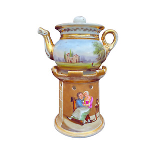 French Veilleuse Teapot Castle Stand Hand Painted Old Paris Ea 19th Century