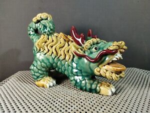 Chinese Traditional Wucai Porcelain Feng Shui Kylin Foo Dog Lion Statue