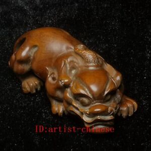 L 3 4 Inch Old Chinese Boxwood Carved Wealth Animal Pi Xiu Figurine Statue Gift