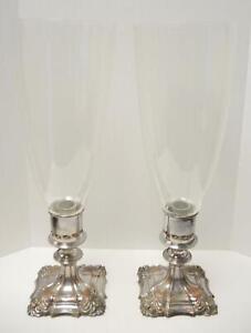 Pair Of Antique English Silver On Copper Candle Hurricane Lamps