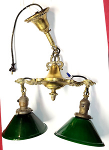 Antique Brass Double Ceiling Fixture W Green Cased Glass Shades Rewired