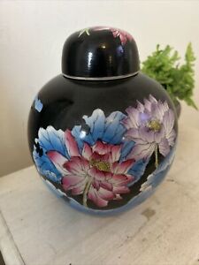 English Or Chinese Large Famille Noire Enameled Black Porcelain Vase Ginger Jar