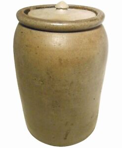 Scarce Mid 19th C American Antique Salt Glzd Stoneware Crock W Orig Ceramic Lid