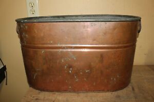 Antique Vintage C 1900 Copper Boiler Ham Cooker Wash Tub Iron Handles Primitive