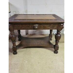 Victorian Robert Mitchell Furniture Carved Oak Library Table With Lion Heads