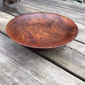 Old Vintage Hand Turned Hard Wood Oak Shallow Bowl On Pedestal