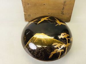 Y6654 Chawan Makie Confectionery Bowl Lid Signed Box Mt Fuji Crane Japan Antique
