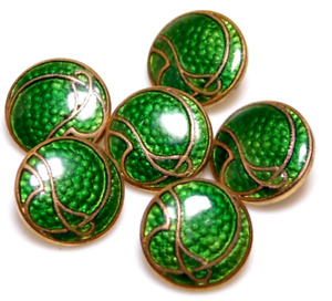 Six Antique 19th C Basse Taille Enamel Buttons Emerald Green In Copper