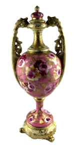 Antique Nippon Hand Painted Roses Moriage Gold Gilt Porcelain Lidded Urn