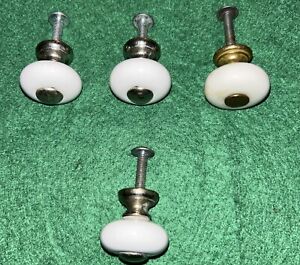 Lot Of 4 Vintage Porcelain Brass Button Reclaimed Cabinet Knobs Original Screws