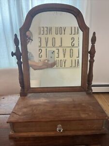 Antique Vtg Wood Framed Vanity Shaving Stand Dresser Top Swivel Mirror Drawer