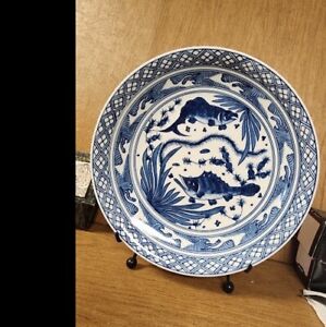 Antique Chinese Blue White Porcelain Plate Charger Yuan Ming Carp