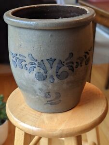 2 Gallon Stenciled Pennsylvania Stoneware Cream Pot Ovoid Jar Wax Sealer Crock