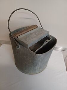 Vintage Deluxe Galvanized Metal Mop Bucket Pail Wooden Rollers Wringer