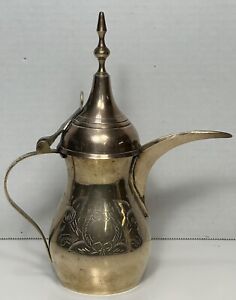 Islamic Antique Brass Dallah Middle Eastern Arabic Etched Coffee Pot 8 5 