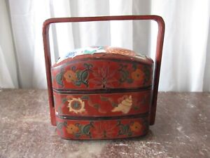 Antique Red Lacquer Ware Chinese Stacked Wedding Lunch Box Ceramic Top Handled