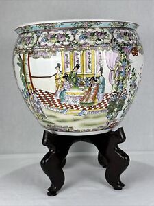 Chinese Rose Medallion Porcelain Fishbowl Pot Floor Planter With Stand