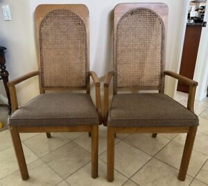 Mid Century Modern Walnut And Cane High Back Dining Arm Chairs Pair