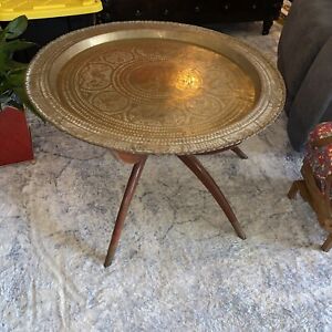 Vintage 30 Moroccan Brass Tray Spider Leg Coffee Table Mid Century Modern