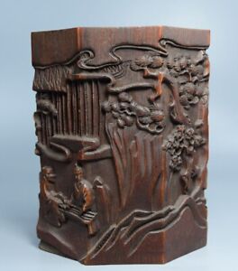 Collection Chinese Old Bamboo Nicely Carved Figure Story Brush Pot Decor Study