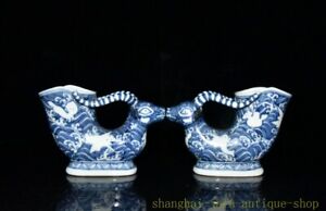Old China Blue White Porcelain Sheep Cup Goblet Wineglass Cup Wine Vessel A Pair