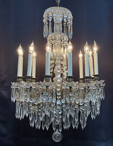 Antique French Bronze Crystal Beaded Chandelier 12 Lights