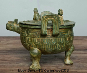 7 2 Old China Bronze Ware Dynasty Person Dragon Beast Wine Pot Drinking Vessel