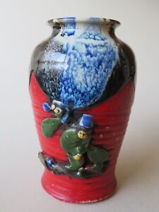 Old Japanese Sumida Gawa Vase With Geisha Figure And A Flambe Glaze
