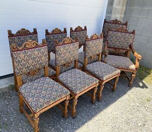 Set Of 8 Carved R J Horner Oak Griffin Dining Chairs