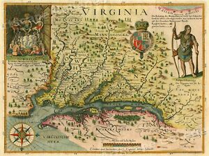 1627 Map Of Virginia By John Smith Historic Vintage Style Wall Map 18x24