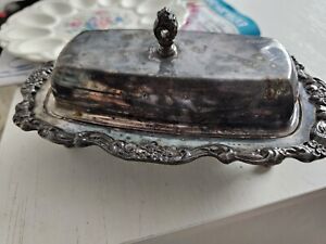 Antique Poole Silver Co 413 Lancaster Rose Silverplate Footed Butter Dish 3pc