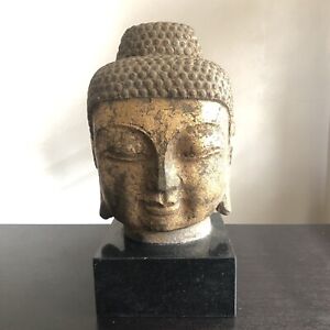 Antique Chinese Thai Carved Sandstone Buddha Salyamuni Head Bust Marble Base