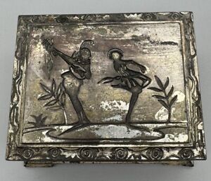 Silverplate Over Brass Cigarette Wood Lined Trinket Box Dancing Couple