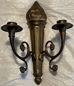 Dual Arm Brass Wall Source With Torch And Grapes Design 12 In Tall X 8 In Wide 