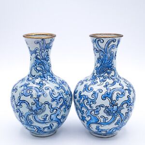 Pair Of Chinese Vintage Canton Enamel Blue White Dragon Fenghuang Vases 20th C 