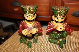 Vintage India Wood Carved Musician Figures Pair Drums Flute Colorful
