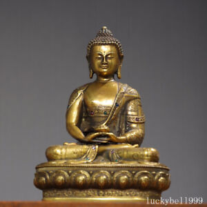 8 Antique Tibetan Buddhism Temple Bronze Gilt Gem Inlay Sakyamuni Buddha Statue