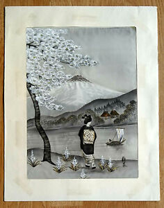 Mid Century Japanese Silk Watercolor Mt Fuji Geisha Gold Silver Threads