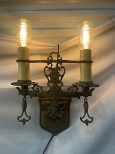 Antique 1920 S Metal Medieval Victorian 2 Light Wall Sconce