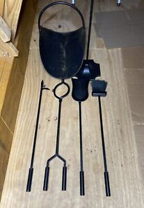 Vintage Fireplace Tool Set By Adam S Co Wrought Iron Black With Log Carrier 6pc