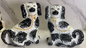 Superb Pair Mid 19thc Staffordshire Black White Disraeli Spaniel Dogs C1850s