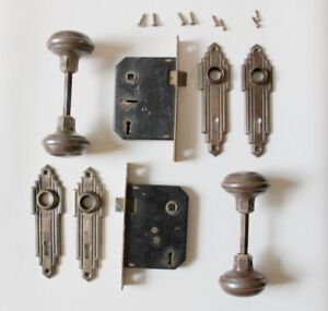 Lot Of 2 Antique Vintage Brass Art Deco Door Knob Set Mortise Lock Plates