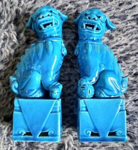 Pair Of Chinese Turquoise Glazed Ceramic Blue Foo Dogs Statues 6 