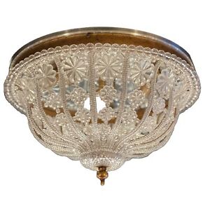 Vintage French Crystal Beaded Flush Mount Chandelier Ceiling Light 8 Available